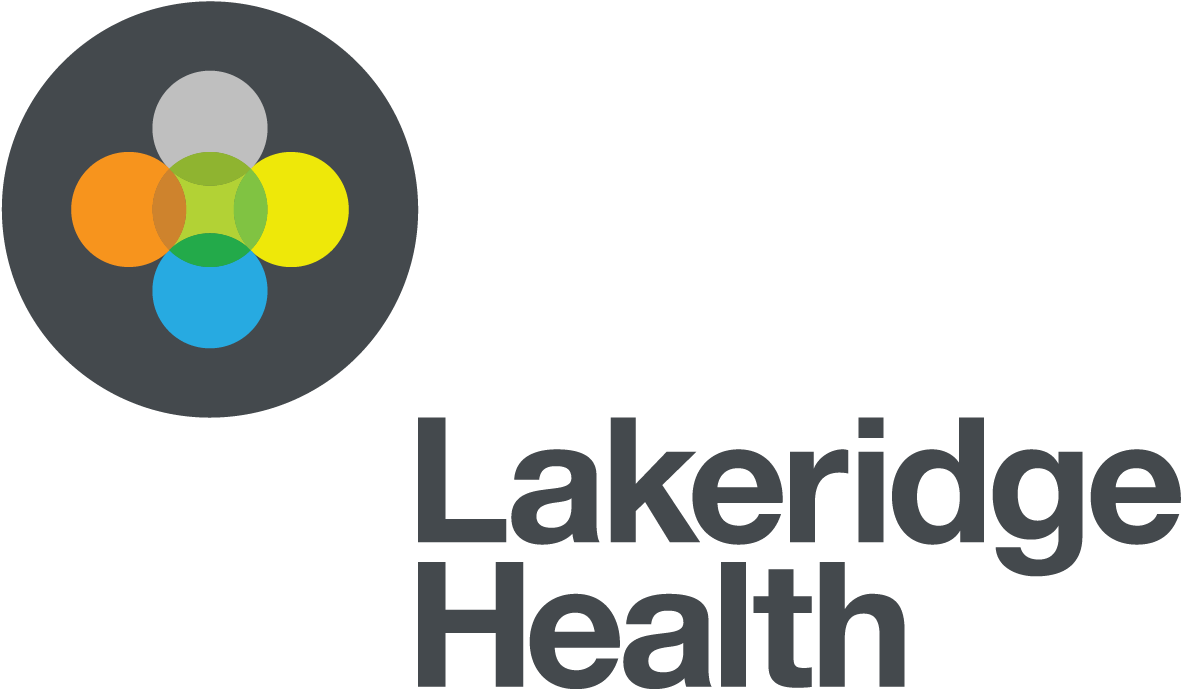 The lakeridge health logo is a black circle with colorful circles in it.