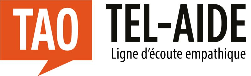A logo for tao tel-aide with an orange speech bubble