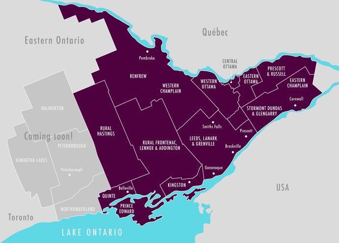A map of ontario shows the provinces of eastern ontario and quebec