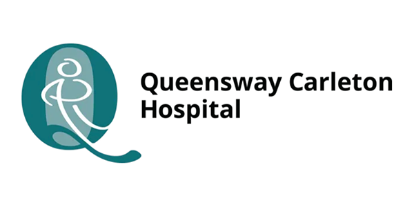 A logo for queensway carleton hospital with a person in a circle.