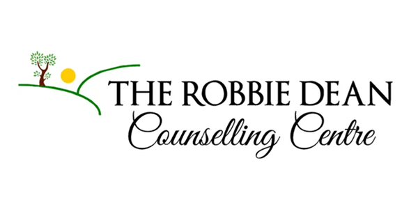 The robbie dean counseling centre logo with a tree and sun on a hill.