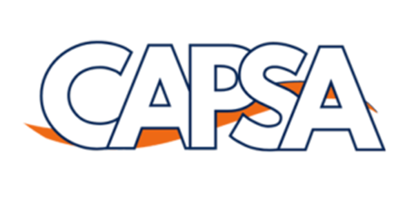 Un logo bleu et orange pour capsa sur fond blanc