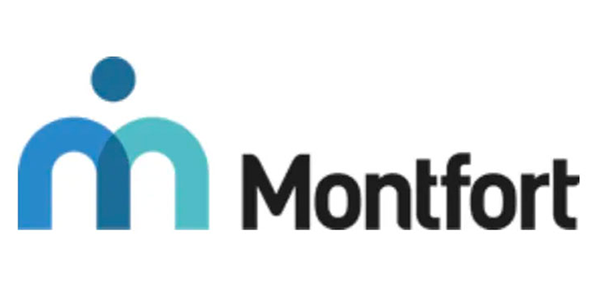 The montfort logo is blue and black with a person in the middle.