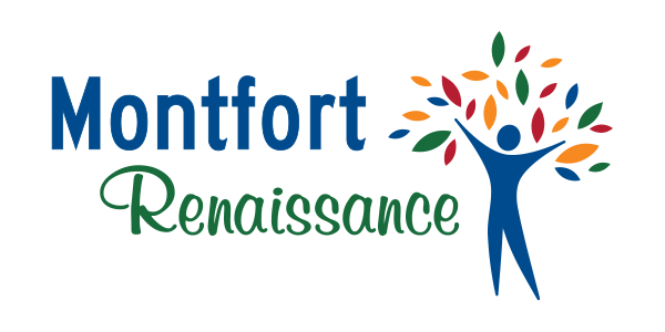 A logo for montfort renaissance with a tree and a person