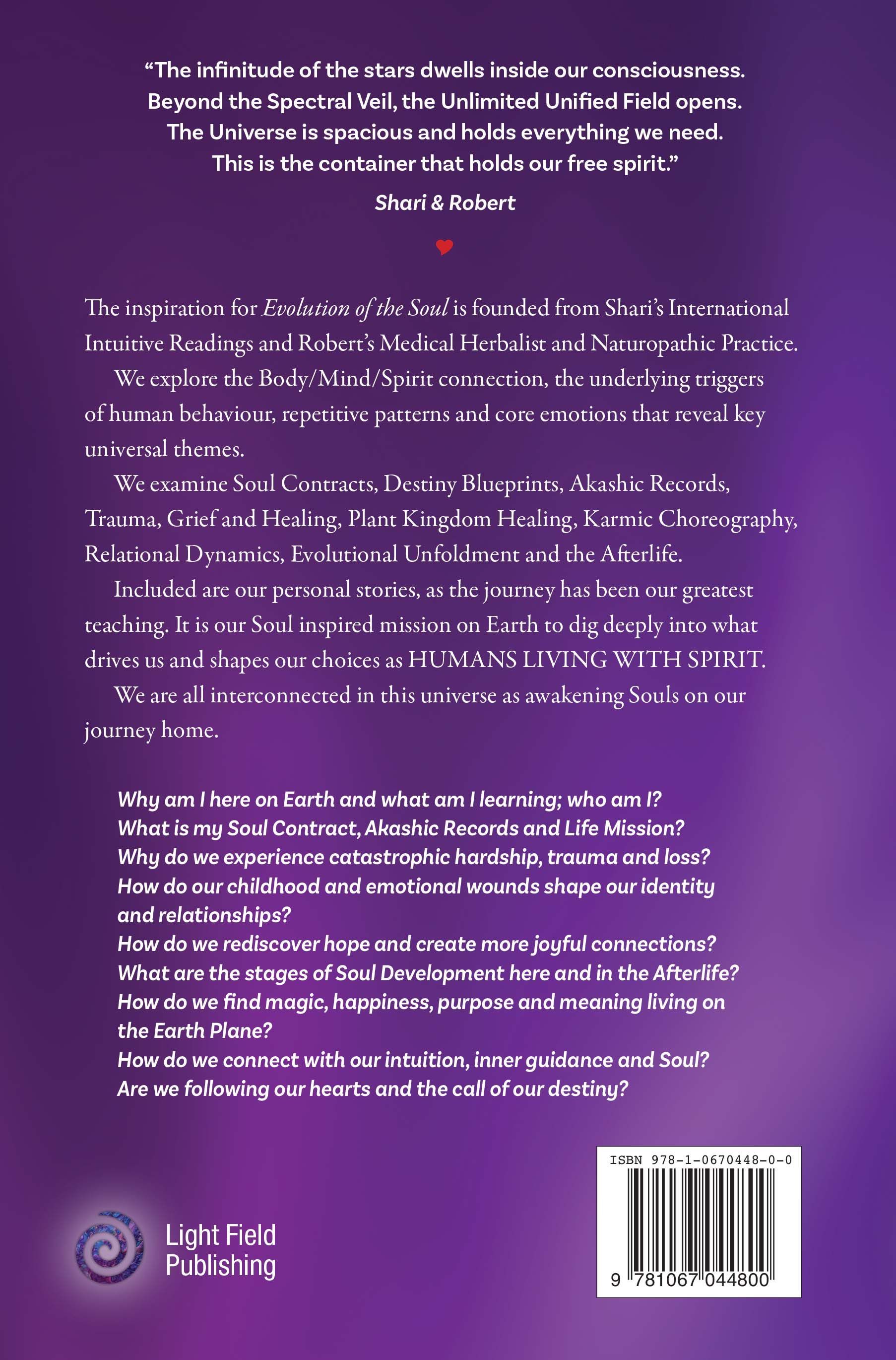 Back cover of a book with purple gradient and white text; includes a short description and a list of questions.