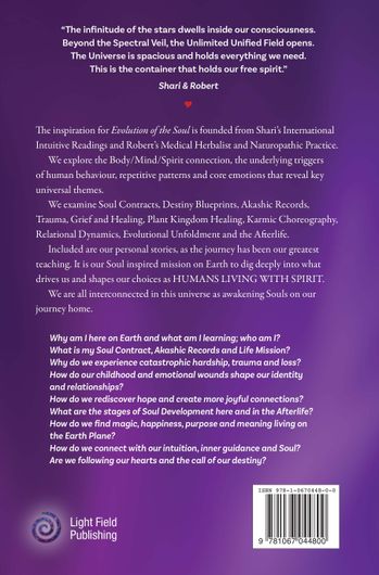 Back cover of a book with purple gradient and white text; includes a short description and a list of questions.