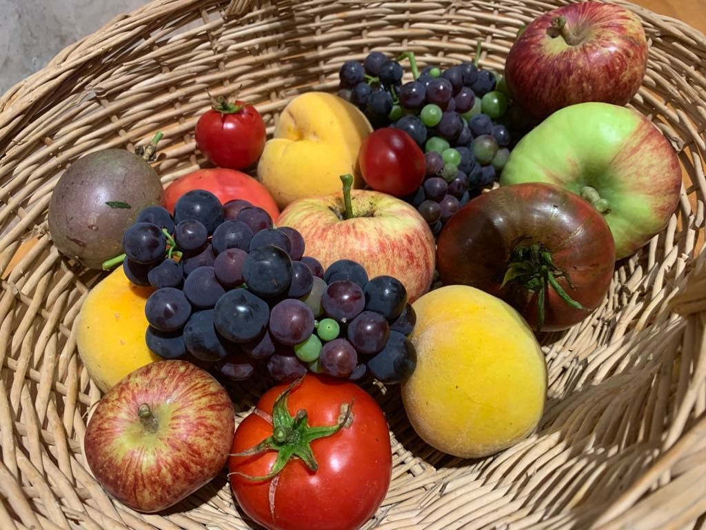 Basket of colorful fruits: apples, grapes, tomatoes, peaches, and a passion fruit.