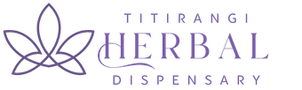 Logo for Titirangi Herbal Dispensary, featuring a leaf-like graphic and lavender text.