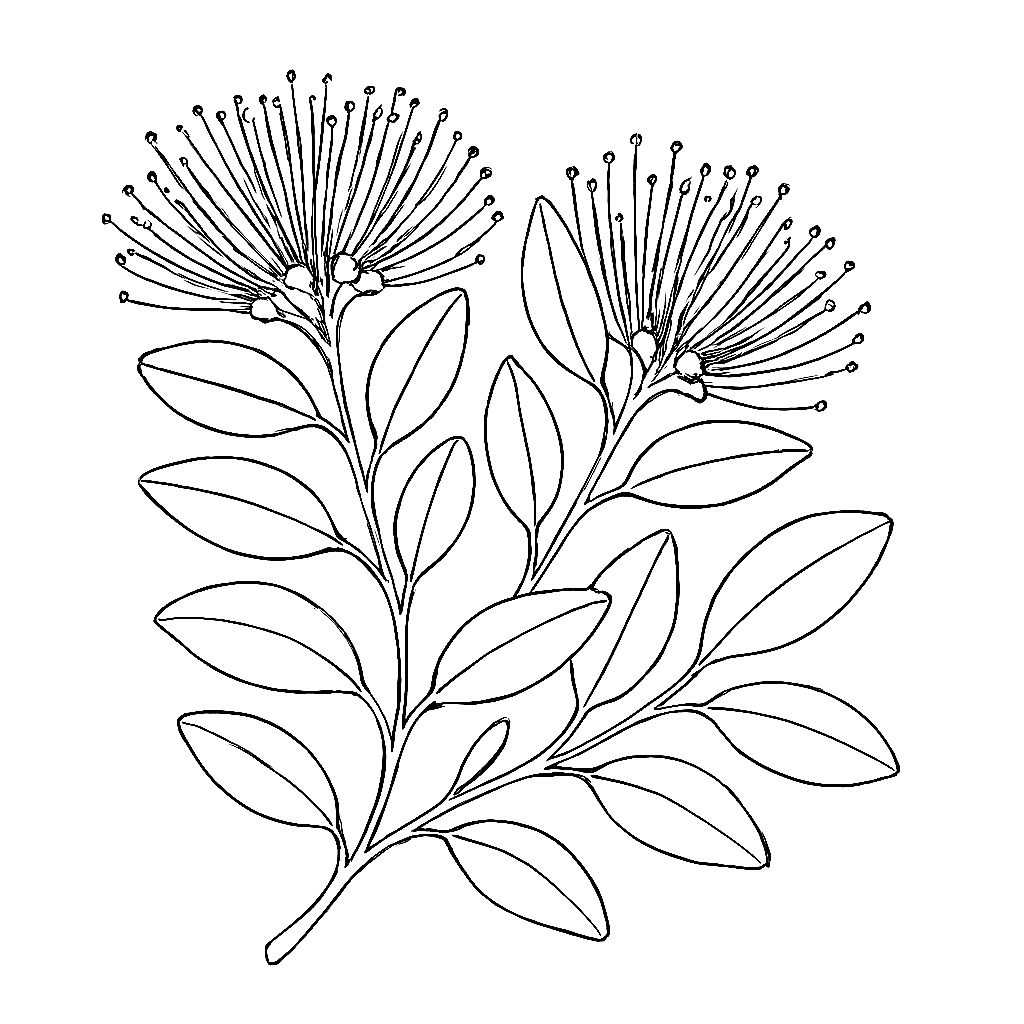 Two flowering pohutukawa branches with green leaves.