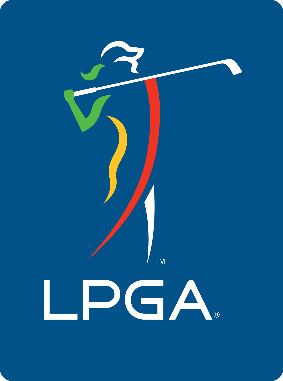 A logo for the lpga shows a person swinging a golf club