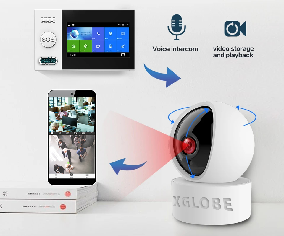 A xglobe camera is sitting on a table next to a phone.