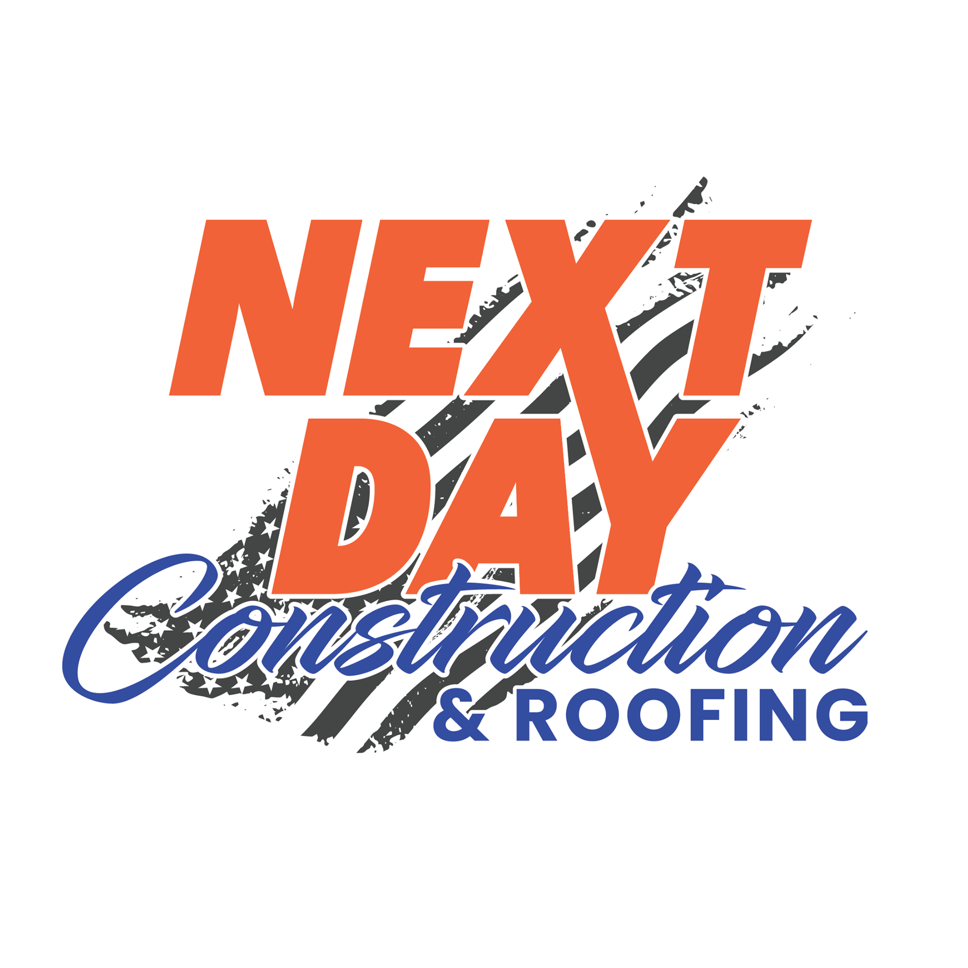 A logo for a construction company called next day construction and roofing.