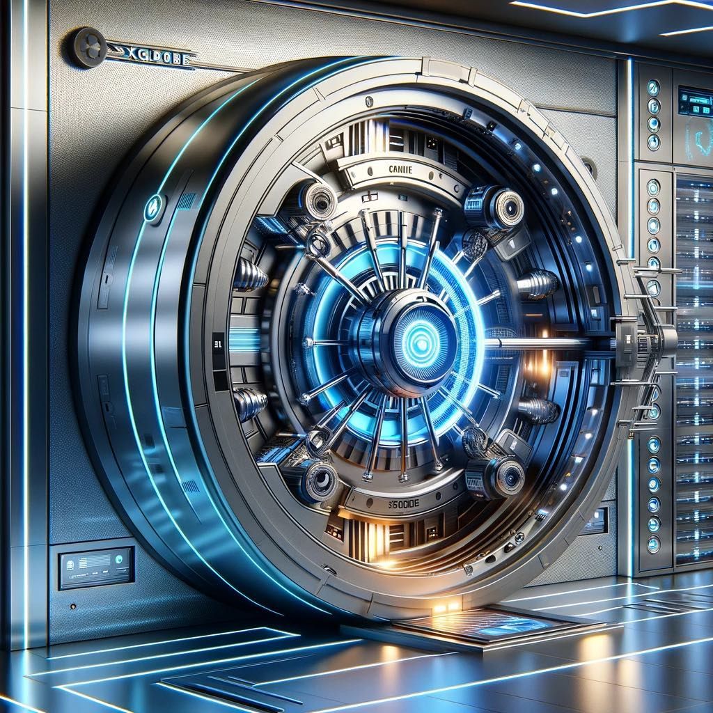 A 3d rendering of a futuristic safe with a blue light coming out of it.