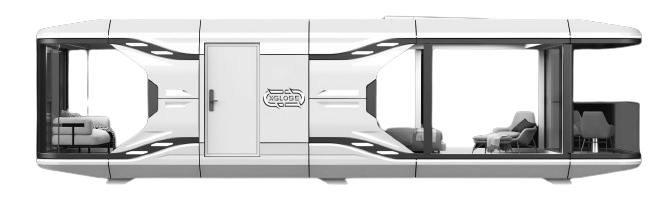 A black and white drawing of a bus with a lot of windows and doors.