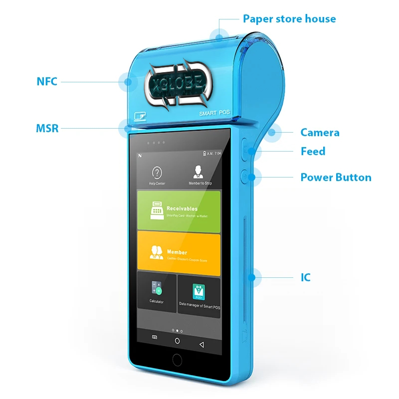 A blue smart phone with a camera , feed , power button and paper store house.