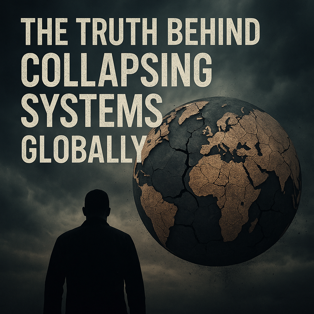 Silhouette of person facing a cracked earth, under stormy skies, text: “The truth behind collapsing systems globally.”