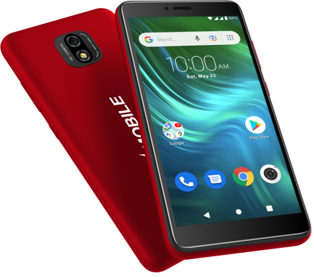 A red cell phone with the word mobile on the back