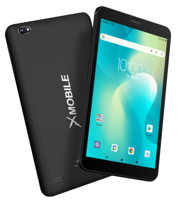A black xmobile tablet with a blue screen