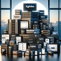 A bunch of xglobe products are stacked on top of each other on a table.