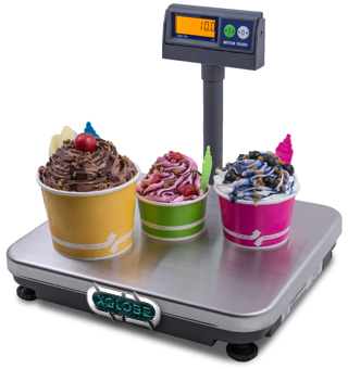 Three cups of ice cream are on a xglobe scale