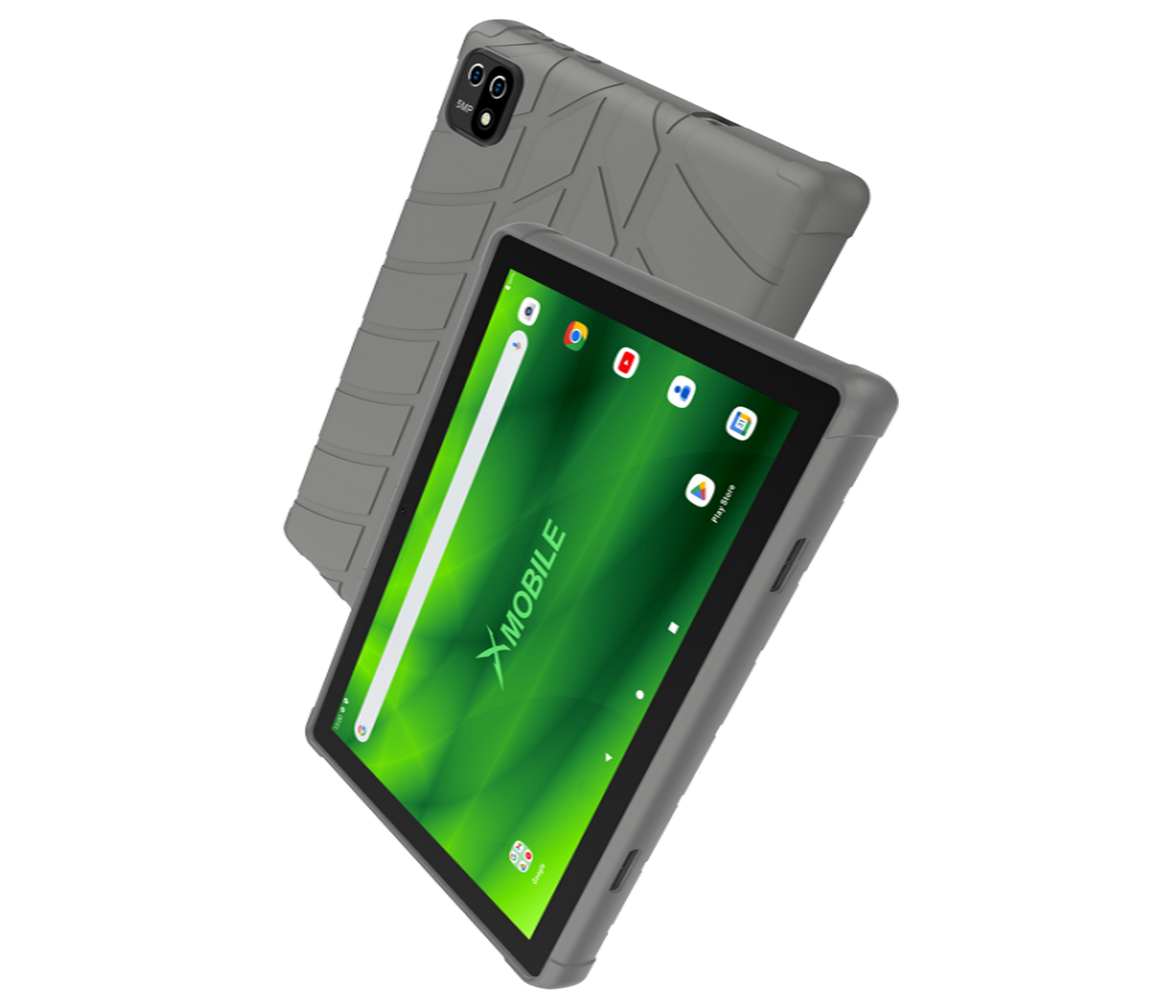 A tablet with a green screen and a gray case on a white background.