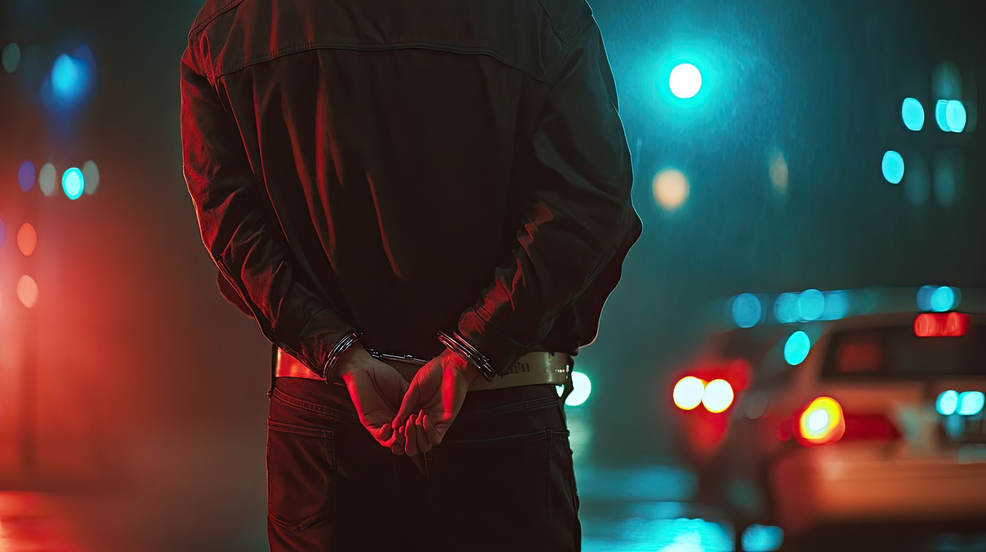 Person in handcuffs with police car lights in the background. Nighttime setting.