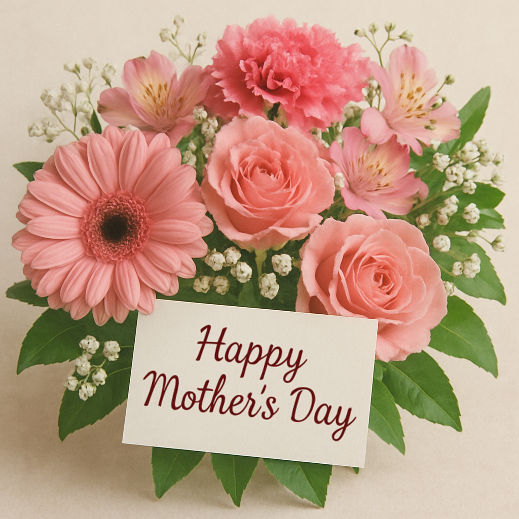 Bouquet of pink flowers, including roses and a gerbera daisy, with
