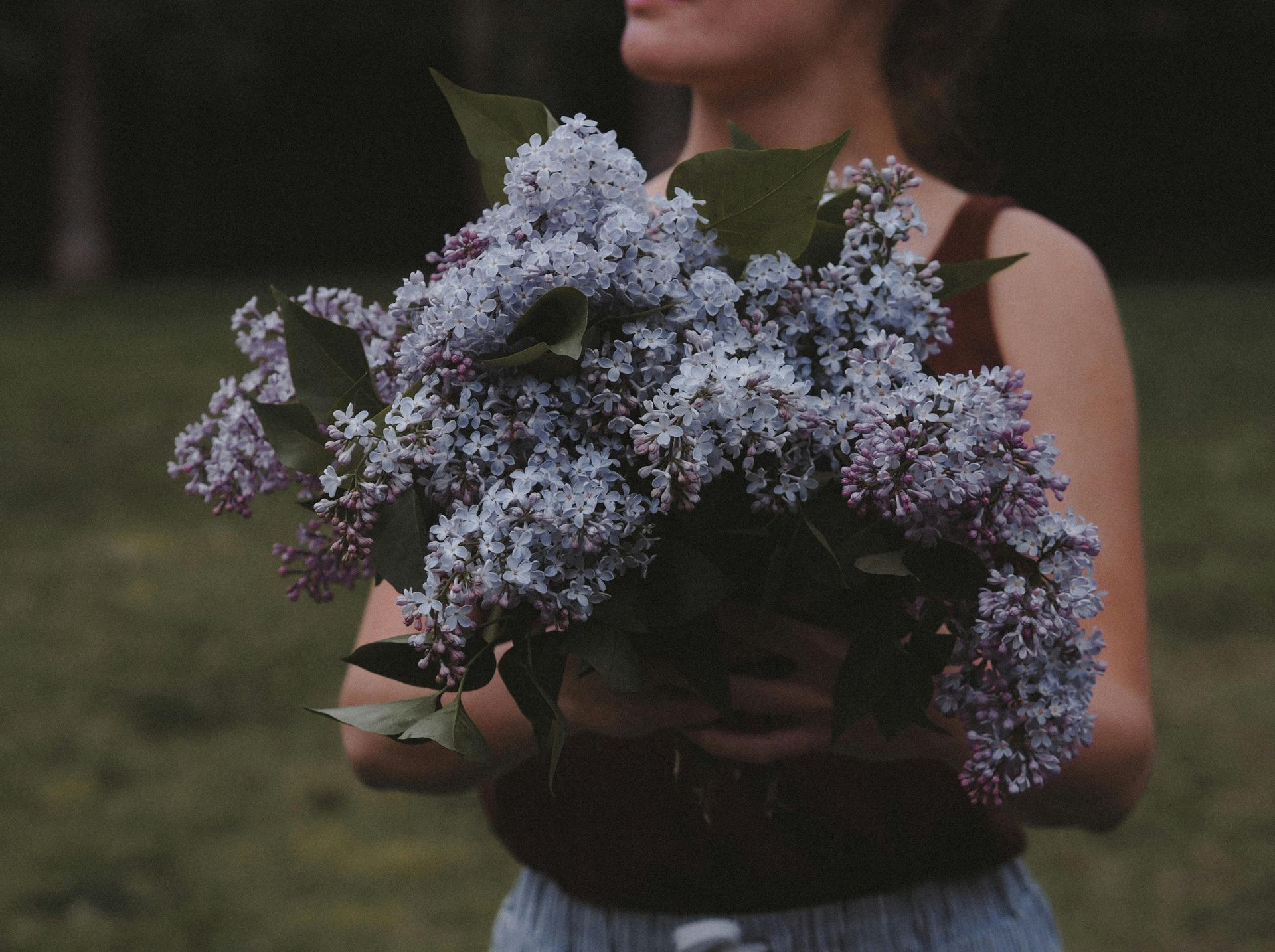 Woman holding a large bouquet of purple lilacs outdoors, wearing a brown top and blue skirt.