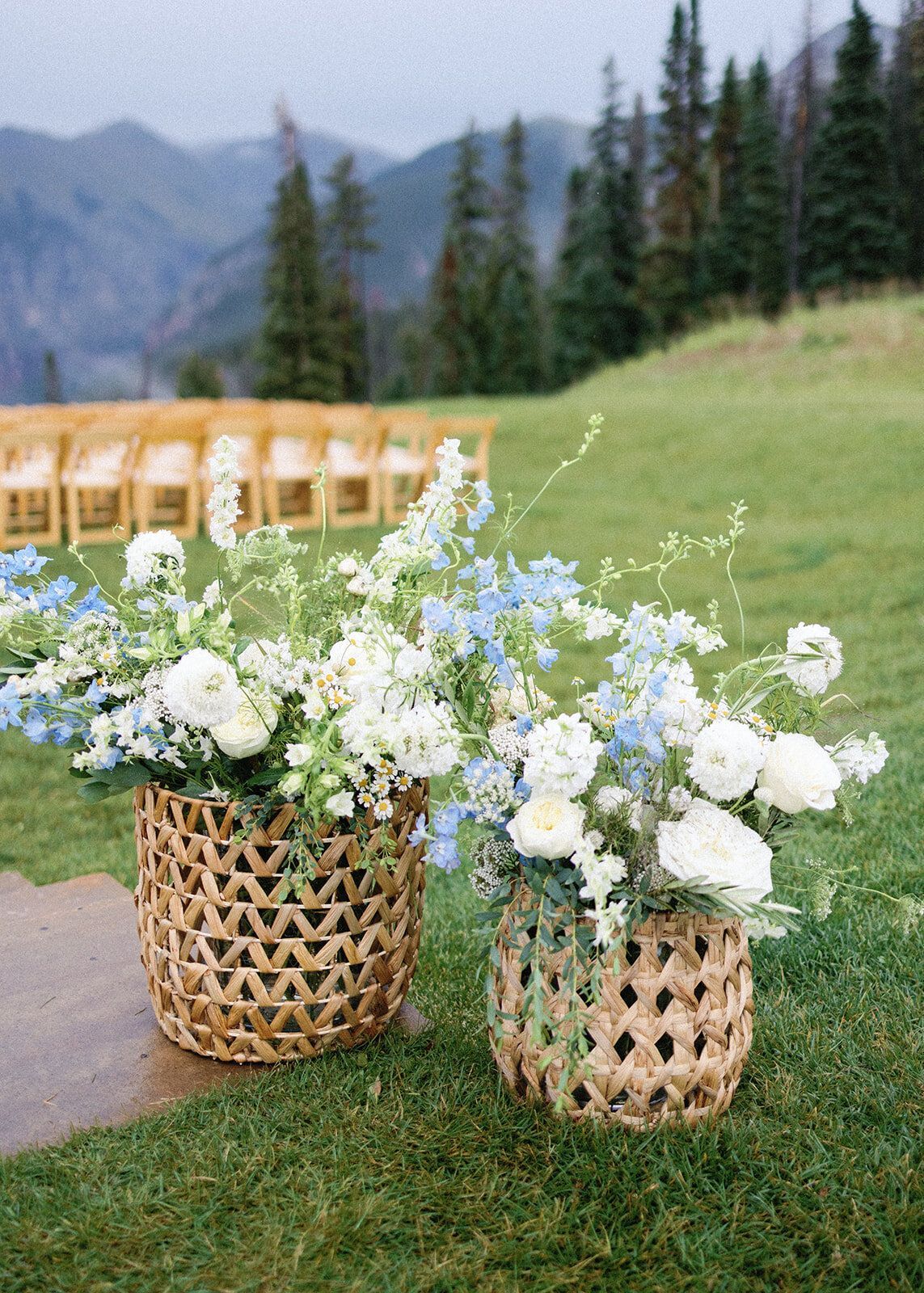 Two baskets filled with white and blue flowers are sitting on top of a lush green field.