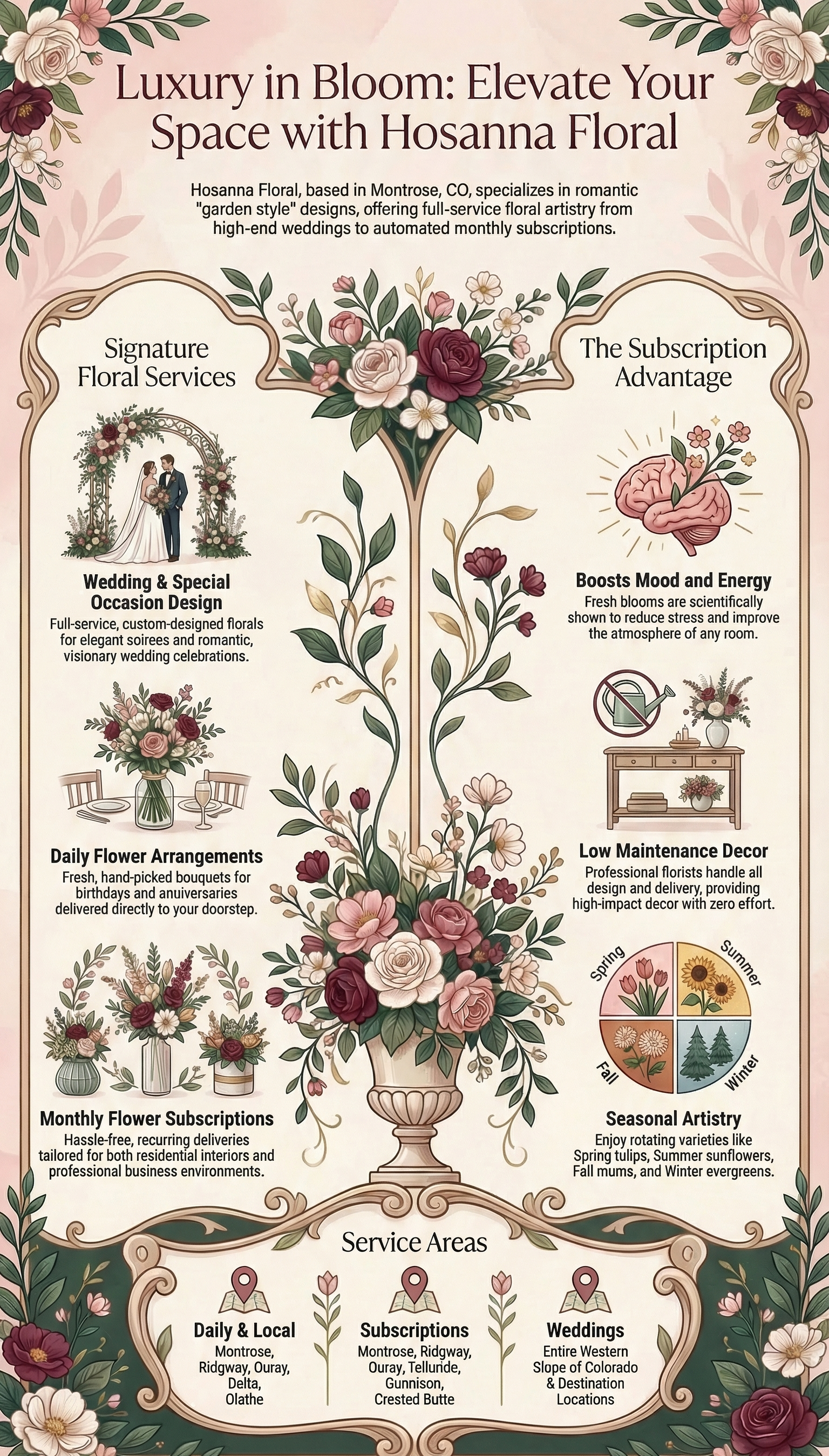 Infographic for Husanna Floral, showcasing floral arrangements, wedding arch, and style options. Cream, burgundy, and green hues.