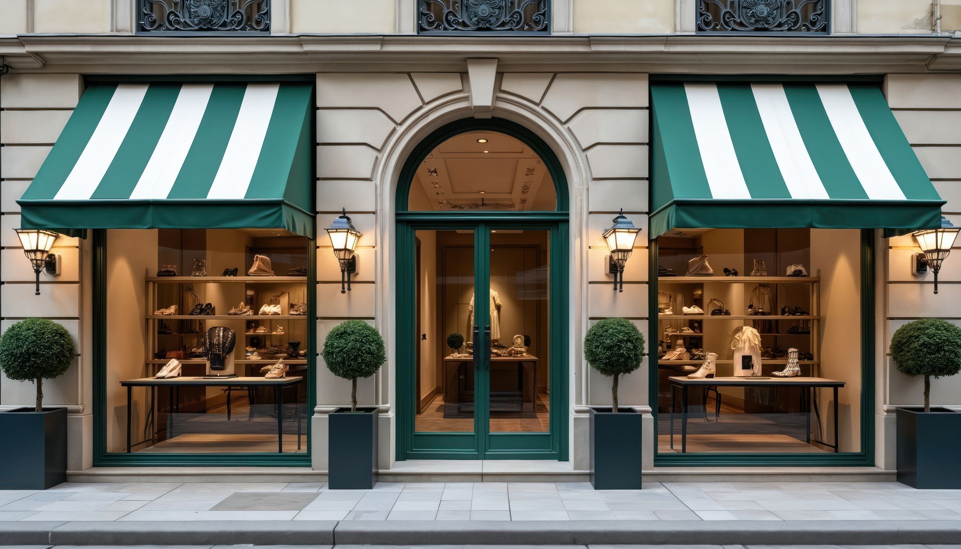 Storefront with green and white awnings, glass displays, and potted shrubs