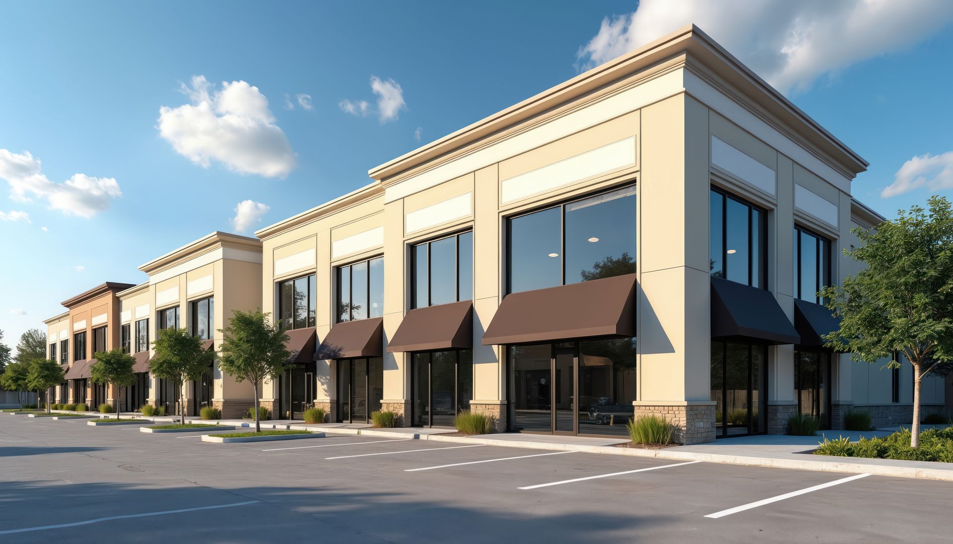 Modern commercial plaza with large windows and awnings in empty parking lot