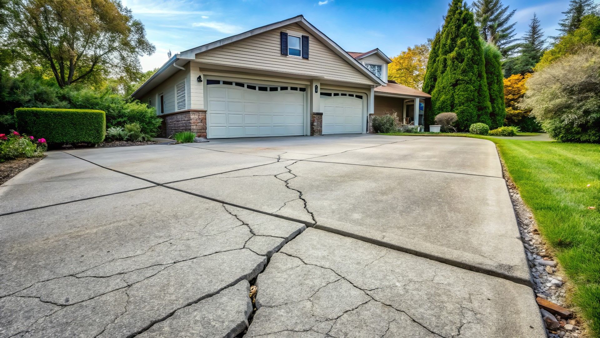 A cracked driveway in front of a house with a garage.