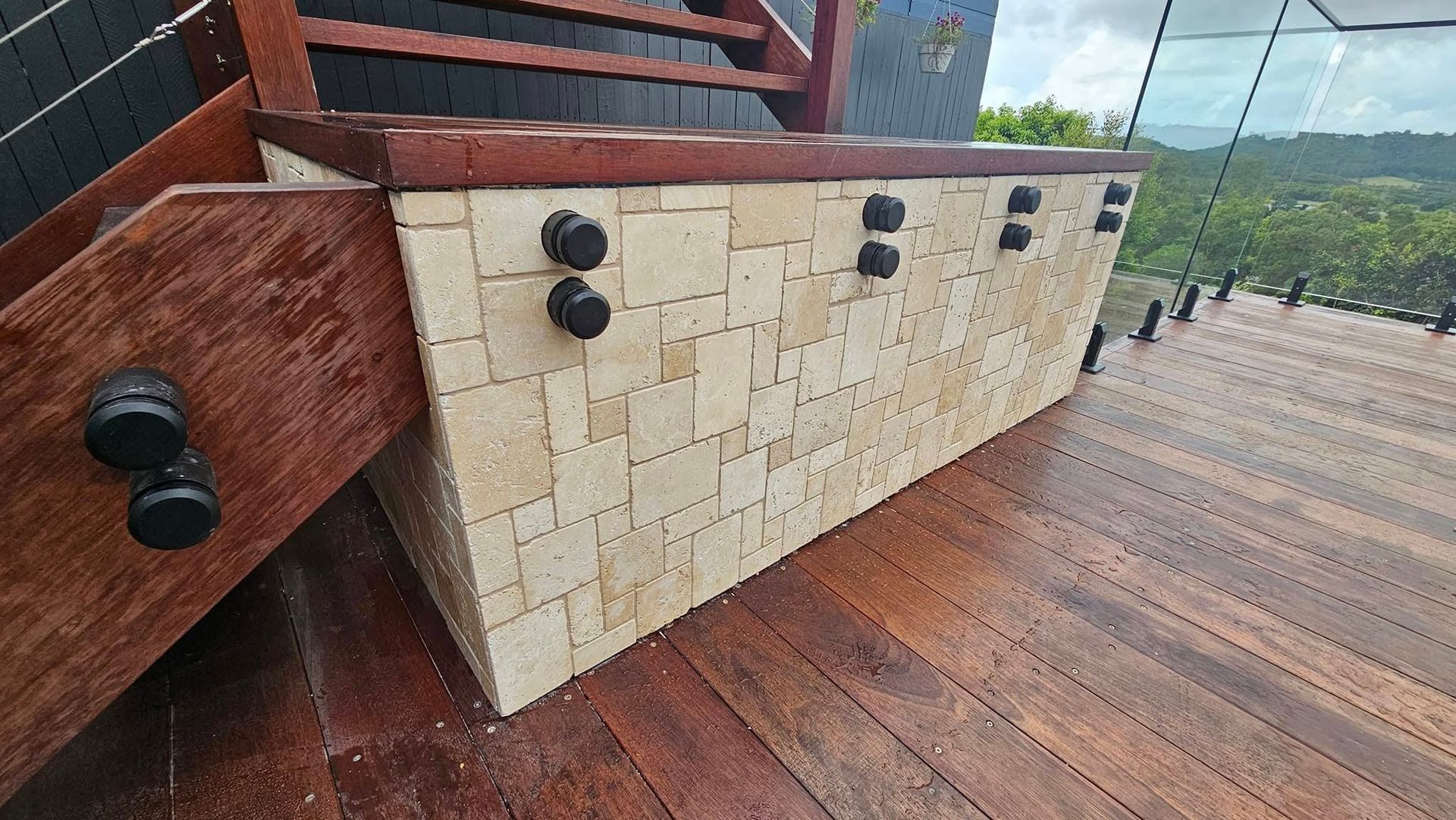 Wooden Stairs With Stone Block Facade, Dark Bolts — Sunny Tiling Co in Mount Coolum, QLD