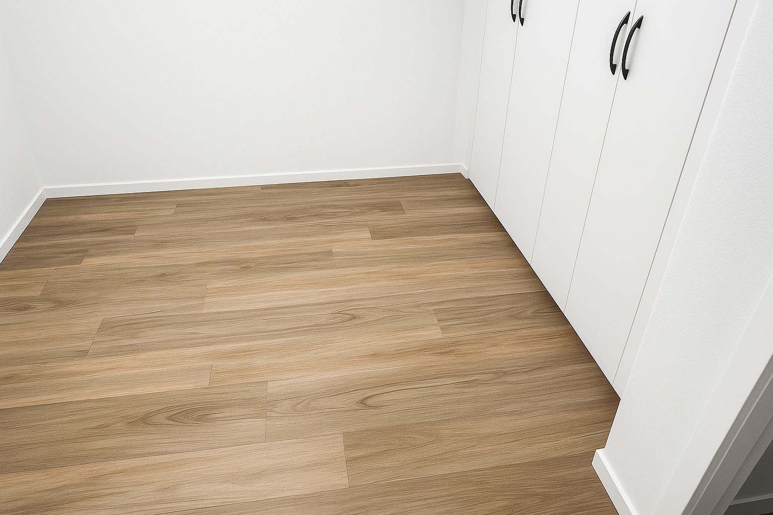 Empty room with wood-look flooring and white built-in cabinets. — Sunny Tiling Co in Mount Coolum, QLD