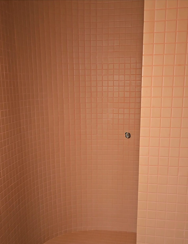 Pink tiled shower stall with a curved wall and a silver faucet.