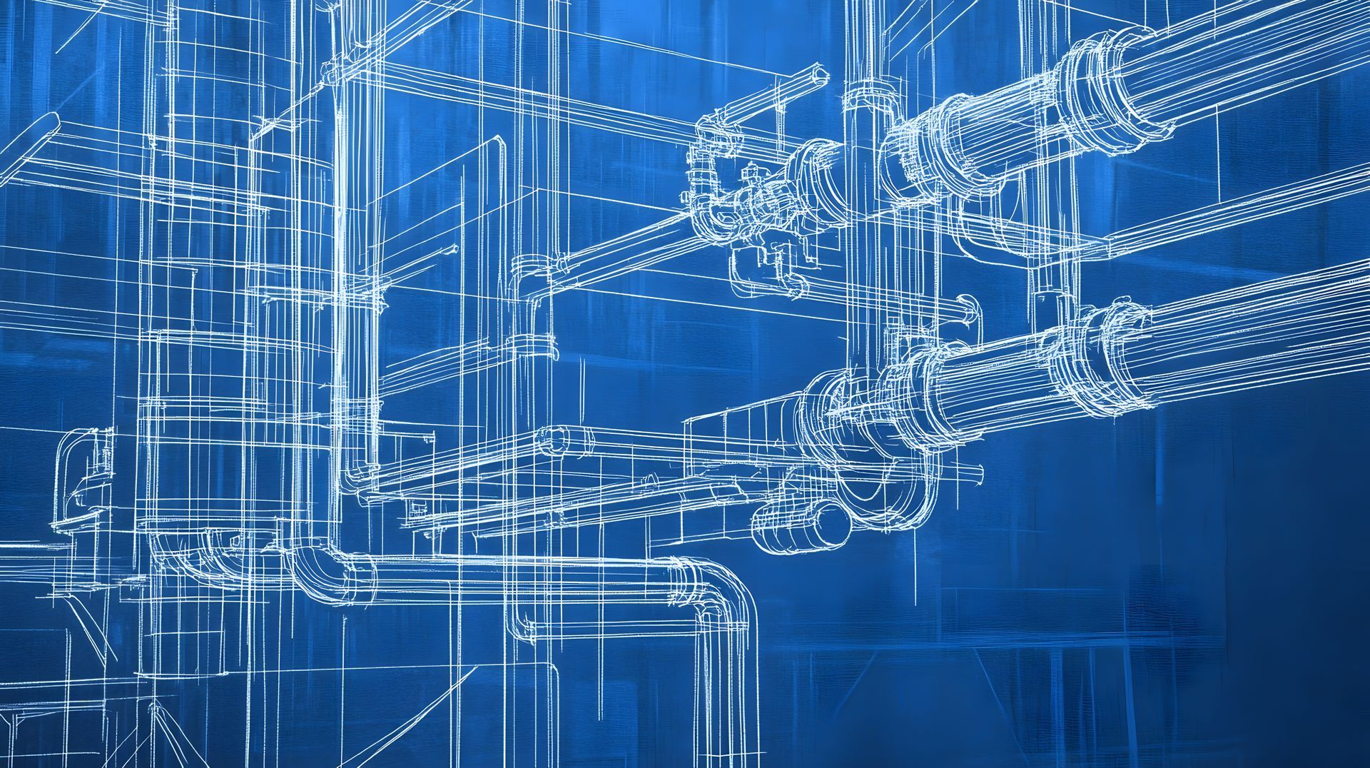 Blueprint of a complex pipe system in white on a blue background.