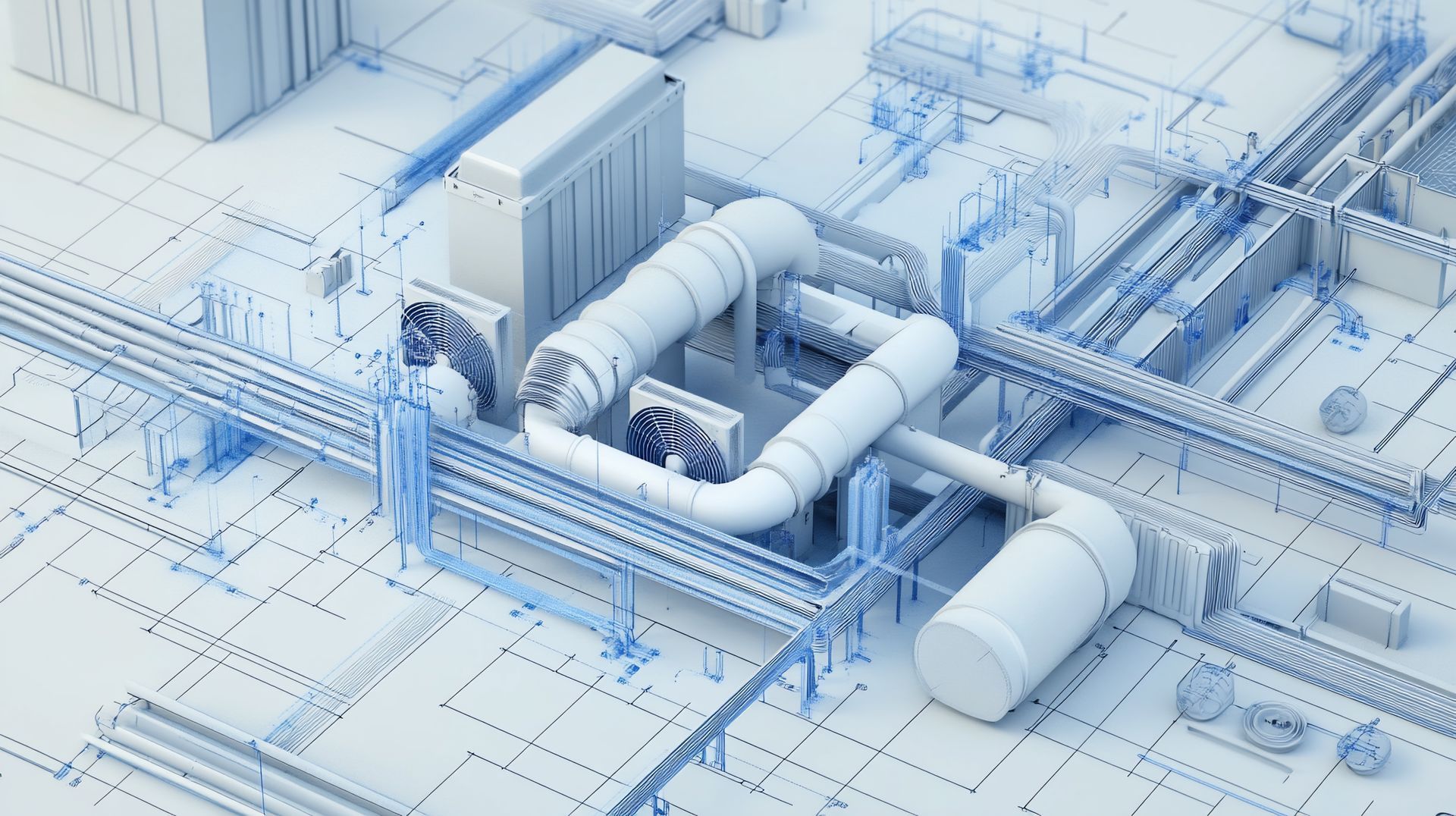 White 3D rendering of an industrial HVAC system with pipes, tanks, and ducts in a building.