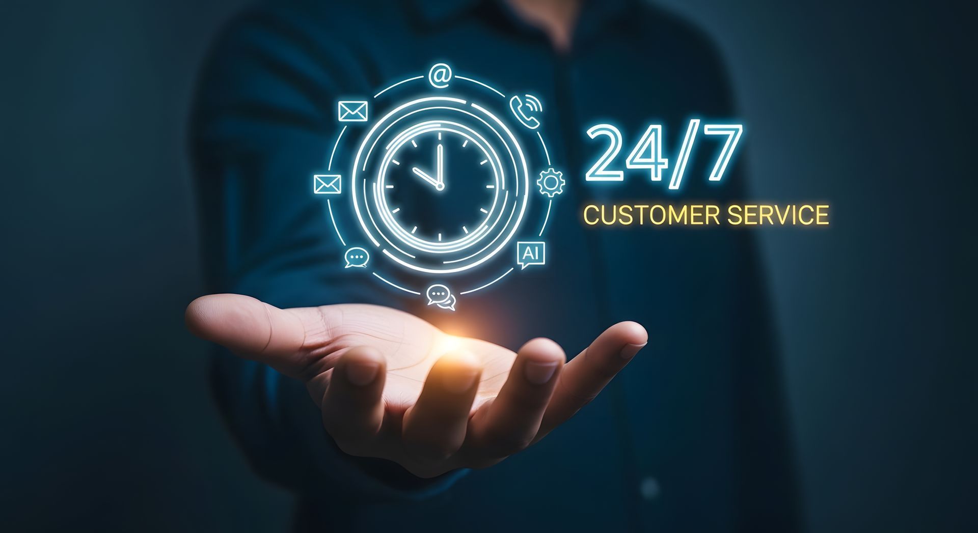 Hand holding a glowing clock graphic with 24/7 customer service text.