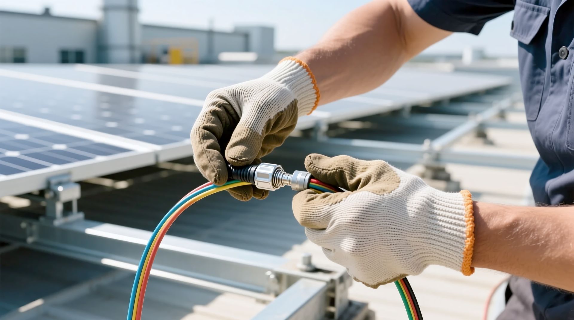 Worker connecting wires on a solar panel array on a rooftop.
