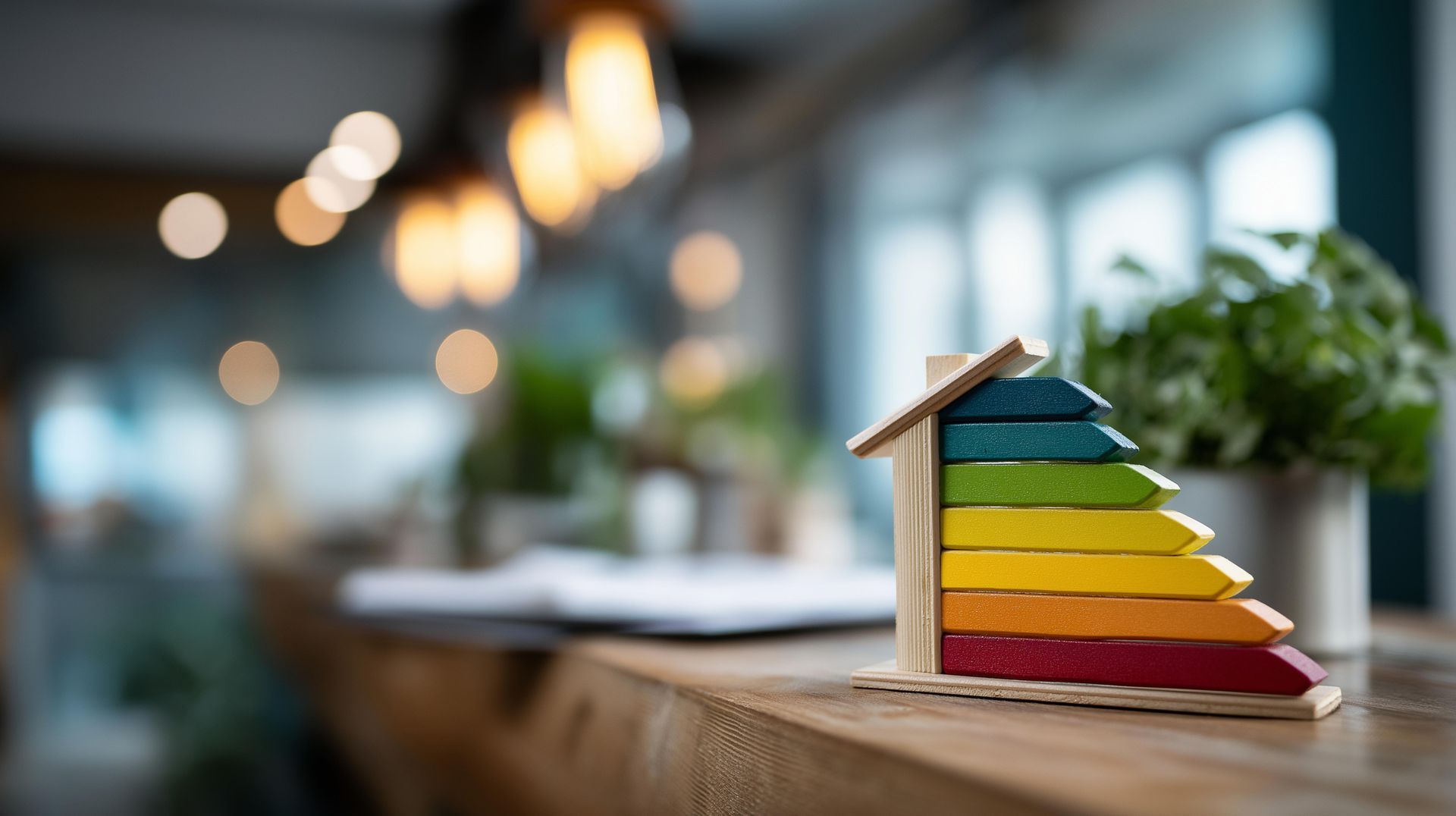 Wooden house model with energy efficiency rating, showcasing a colorful gradient.