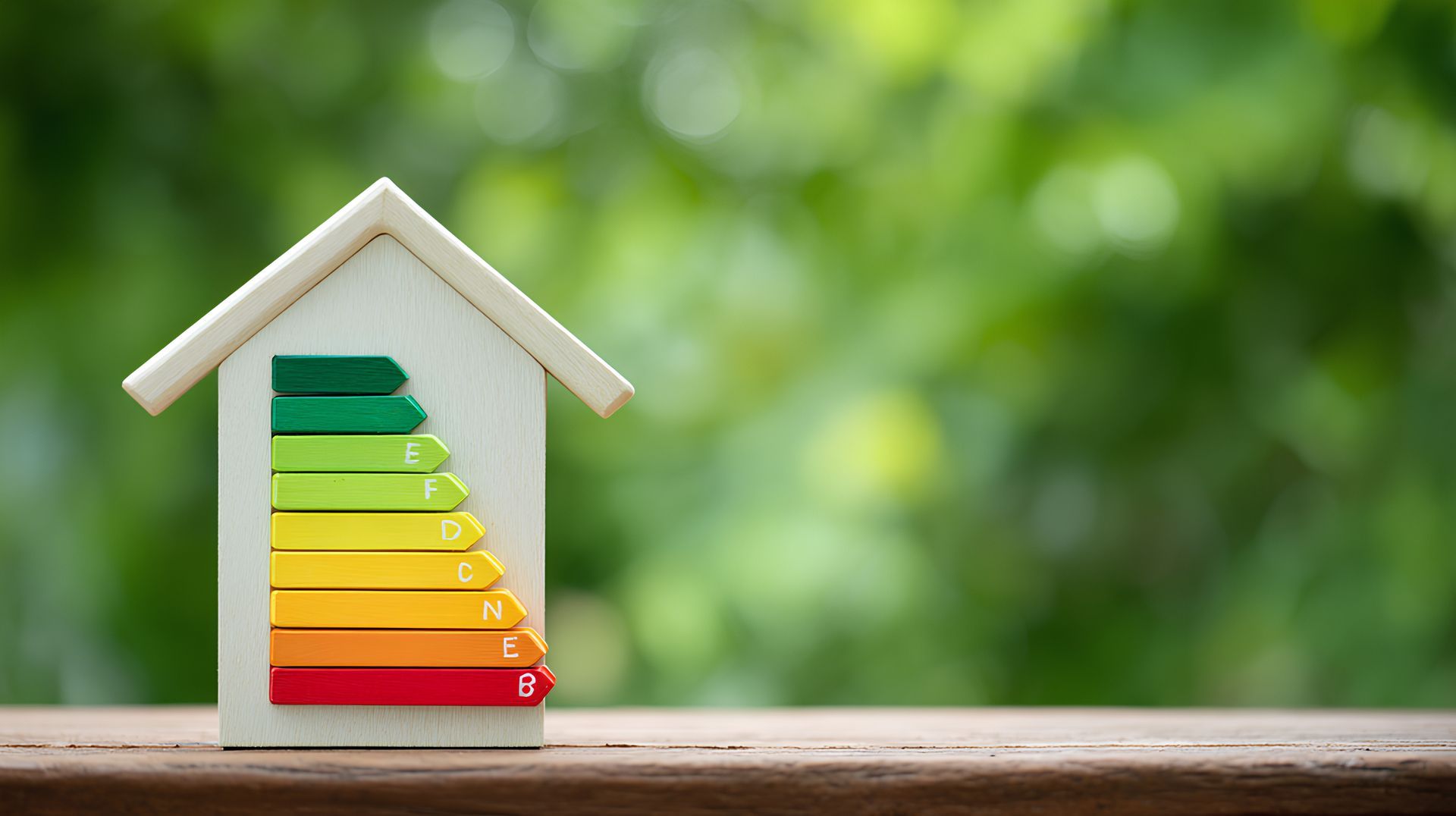 Wooden house model with energy efficiency rating chart against a blurred green backdrop.
