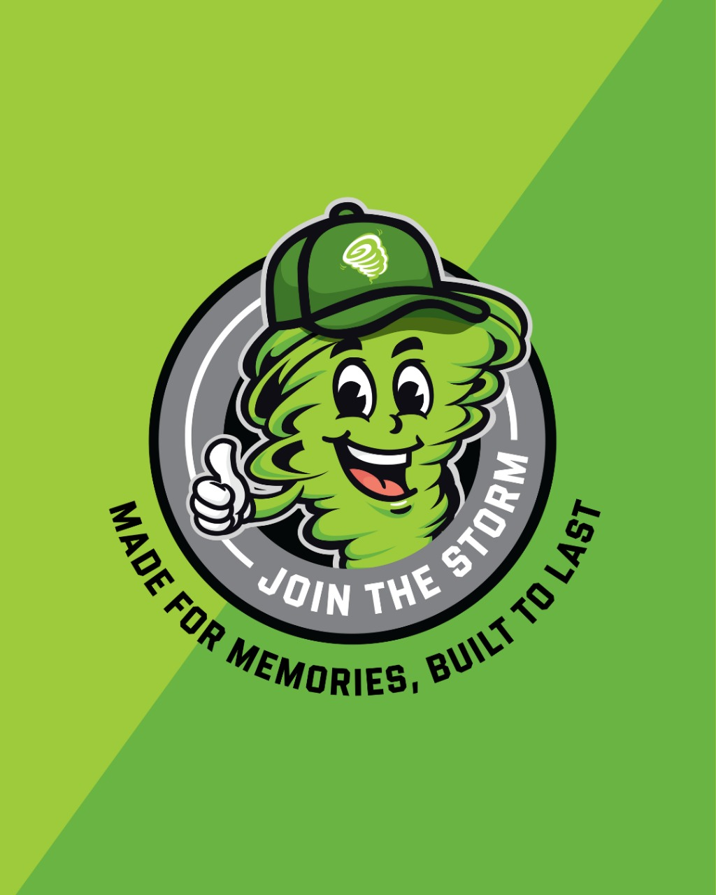 Cartoon tornado wearing a cap, giving thumbs up, within a gray circle on a green background.