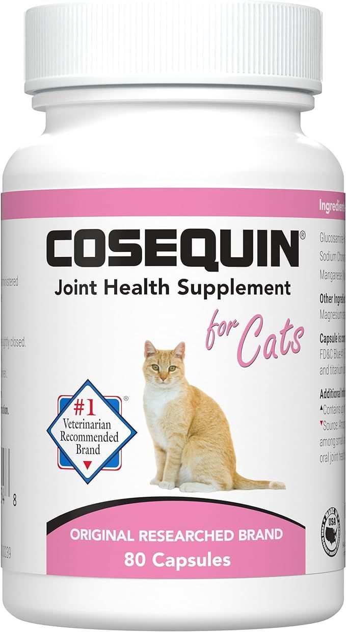 A bottle of cosequin joint health supplement for cats with a cat on the label.