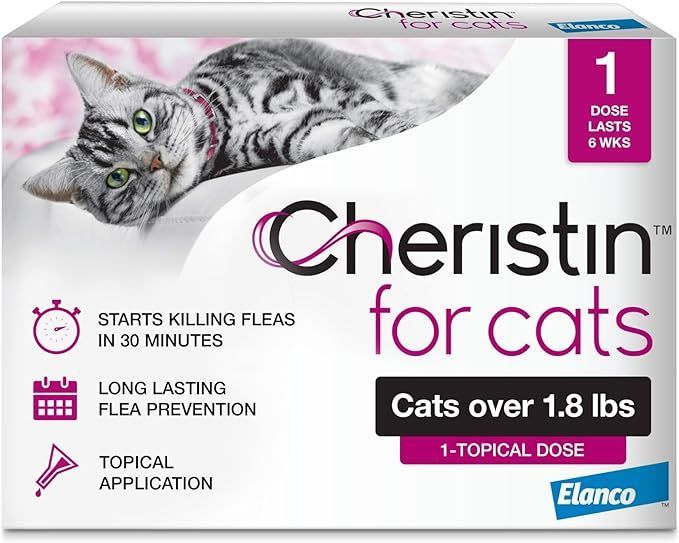 A box of cheristine for cats with a picture of a cat on it.