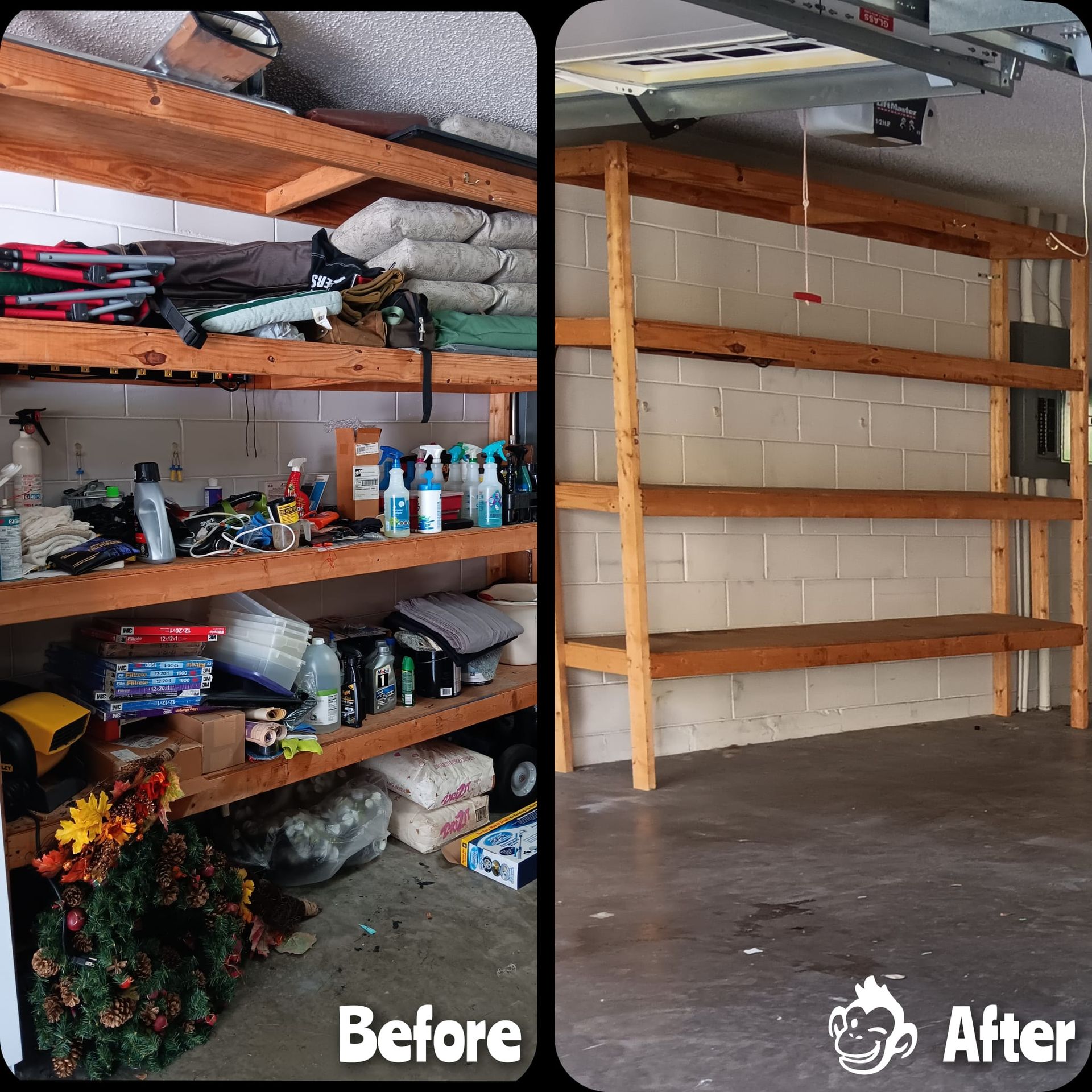Before and After Photo of a Garage Shelving Unit — Eustis, FL — Doin’ Good! Junk Removal
