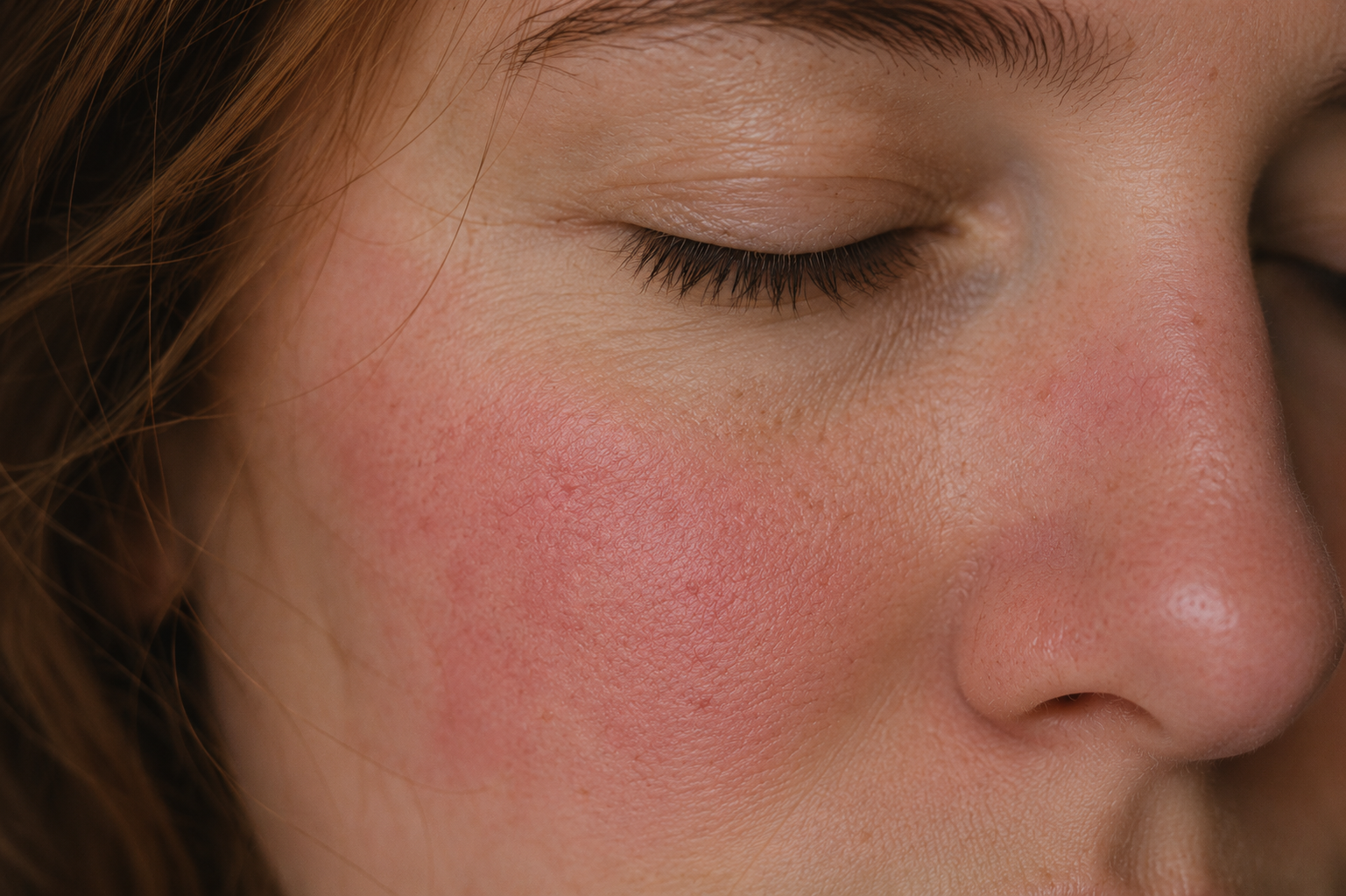 Close-up of a person’s face with a red, flushed cheek and closed eye