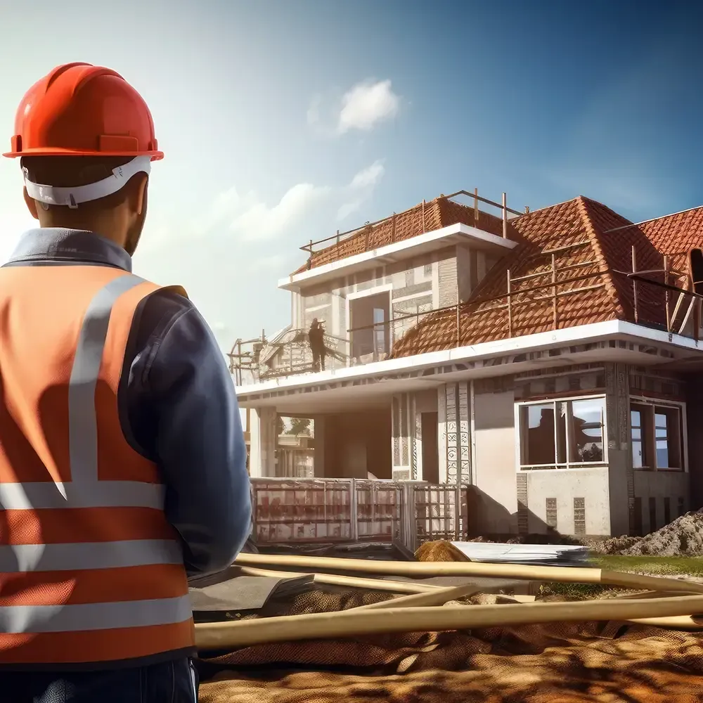 A construction worker is standing in front of a house under construction.