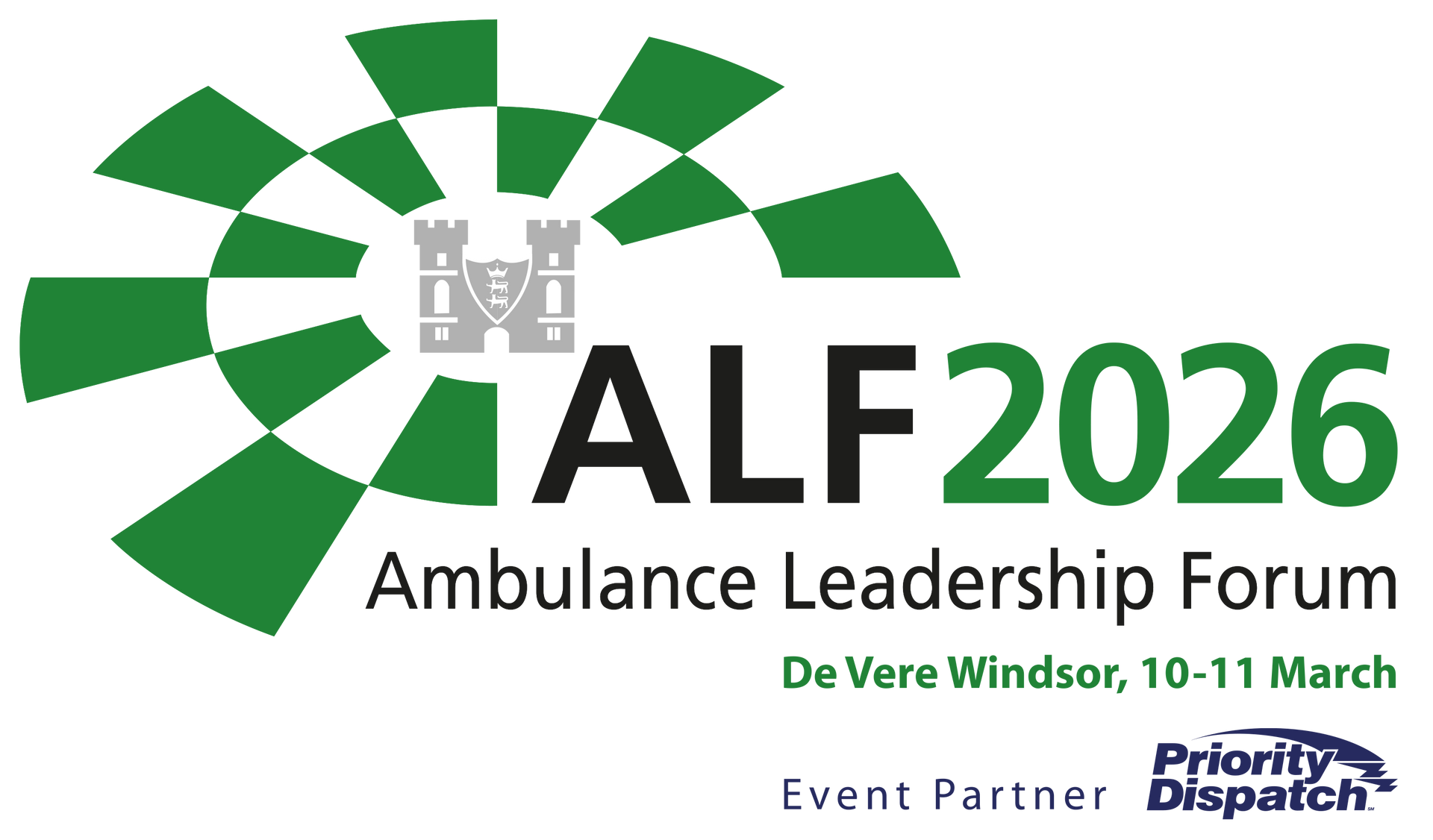 Logo for Ambulance Leadership Forum 2026 at De Vere Windsor, March 10-11. Green & white checkerboard arch, event partner Priority Dispatch.