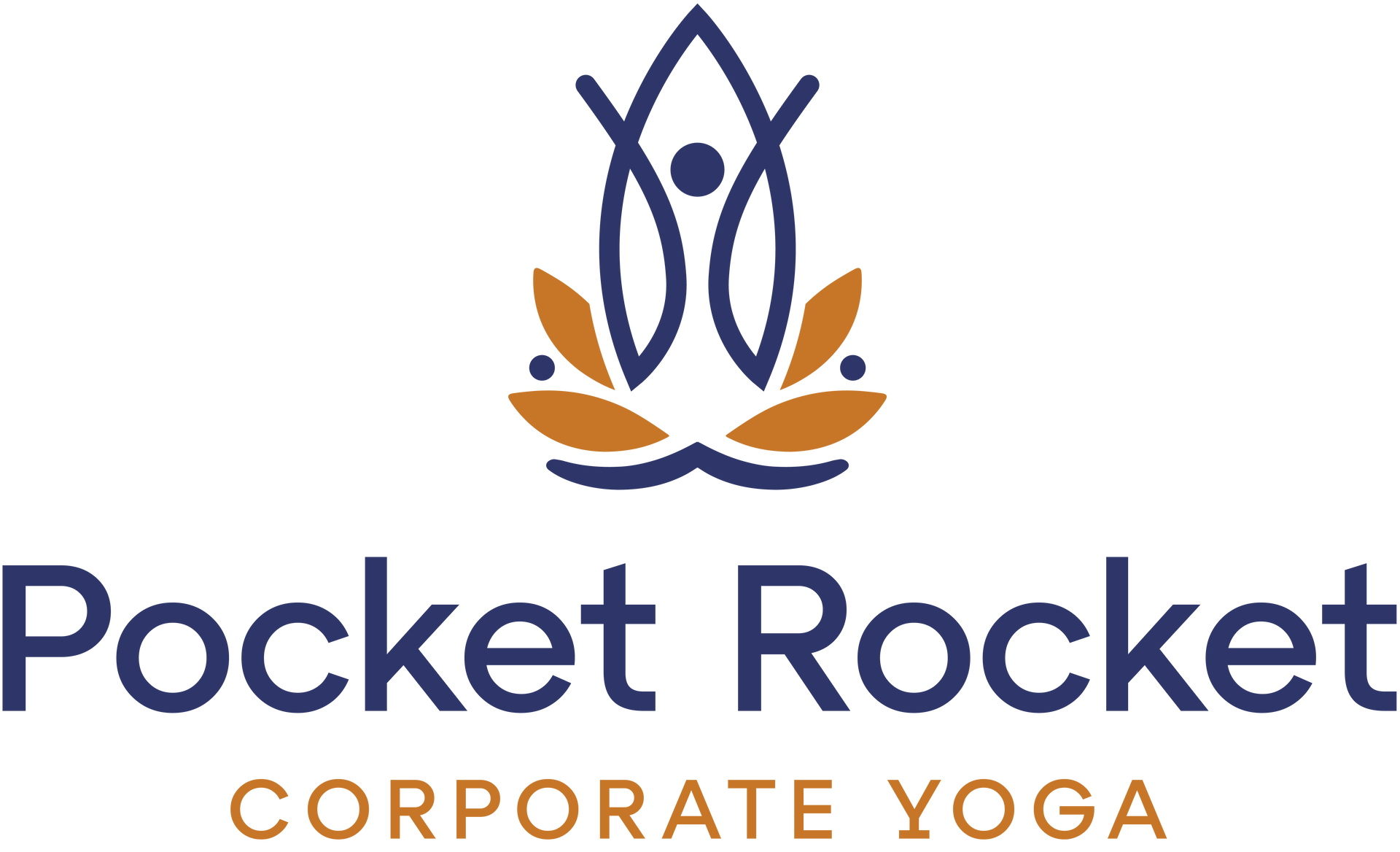 Pocket Rocket Corporate Yoga logo: blue and gold illustration of a person in a yoga pose above the company name.